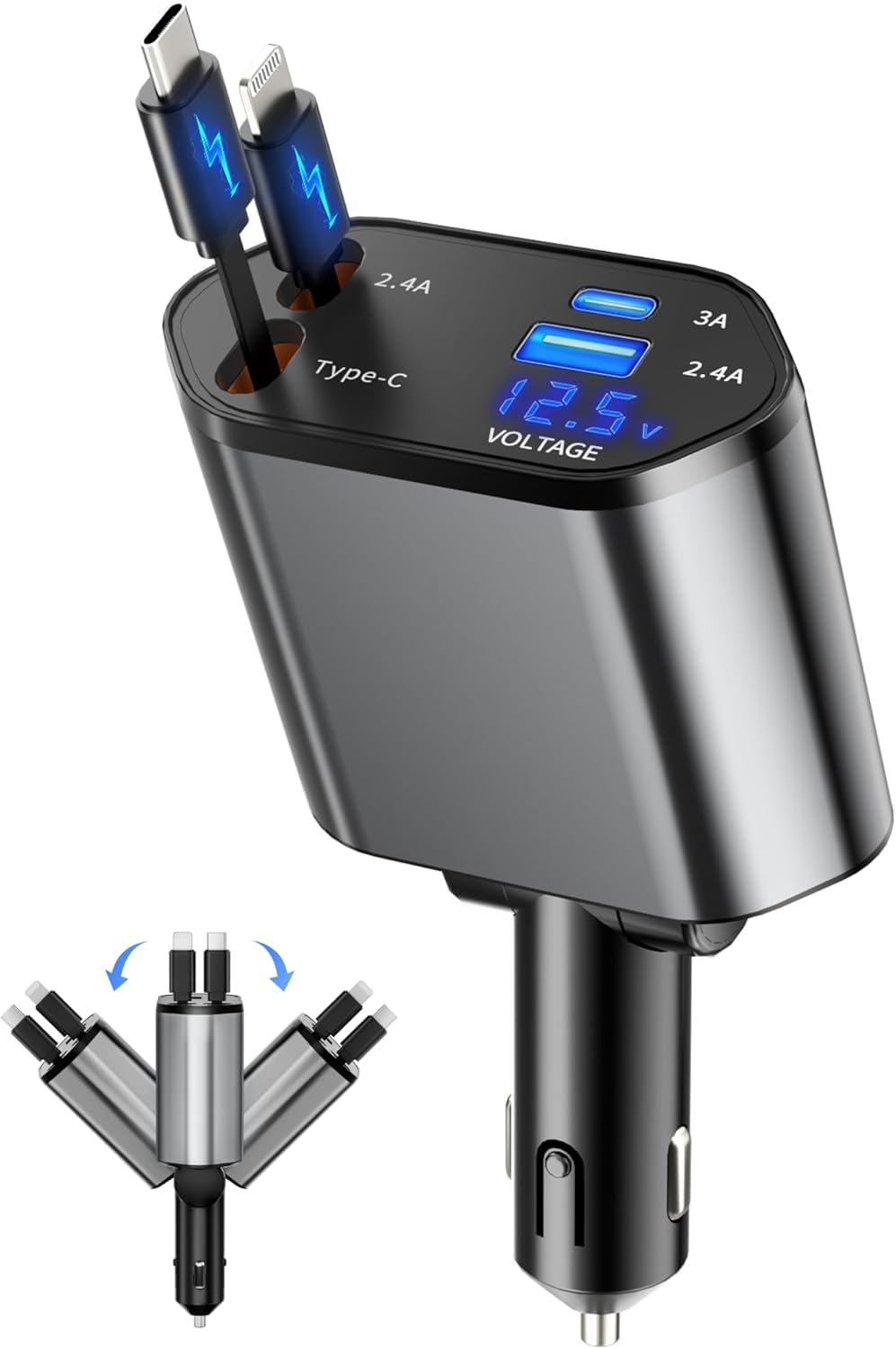 Retractable Car Charger, 4 in 1 Fast Charging Car Charger USB-C & USB-A Compatible with Iphone 16/15/14/13/12/11,Galaxy,Pixel